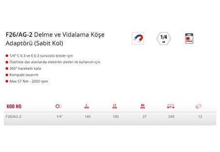 Ceta Form F26/AG-2 1/4" Delme ve Vidalama Köşe Adaptörü  - Sabit Kol